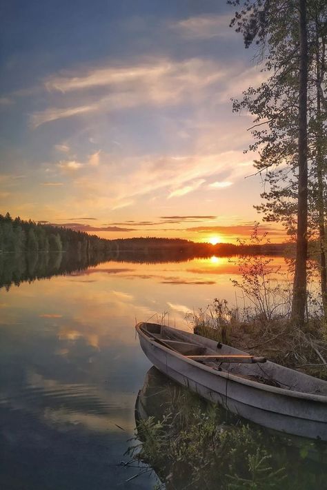 Sunset view by the lake with a boat in the shore, in the Jyväskylä Region Lake Cottage Wallpaper, Finland Nature Summer, Lake At Sunset, Lake Side Cottage, Finnish Aesthetic, Finland Nature, Finland Summer, Finland Travel, Cottage Lake