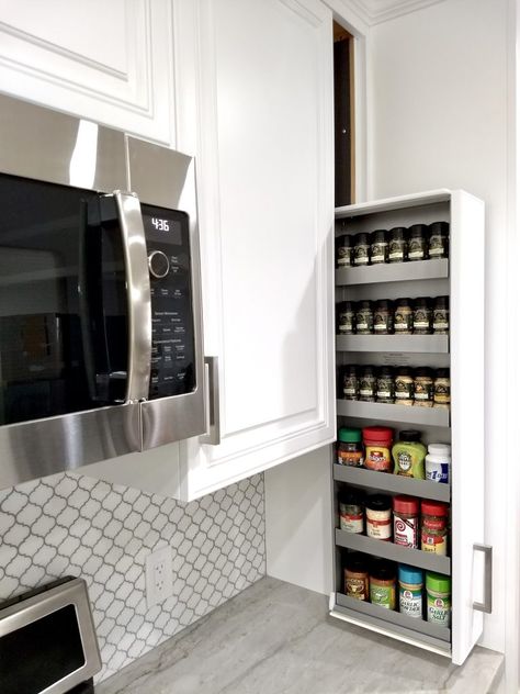 Pull-Down Spice Rack - Kitchen & Bath Design News Spice Rack Cabinet Pull Out, Cabinet Fixtures, Pull Down Spice Rack, Pull Out Spice Rack, Spice Rack Storage, Cabinet Spice Rack, Cabinet Storage Solutions, Kitchen Spice Racks, Spice Storage