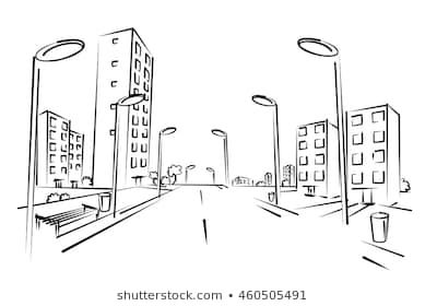 Sketch of city street. Street With Buildings Drawing, Cities Drawing Sketches, Street Drawing Sketches Easy, Drawing Street Sketch, Street Drawing Perspective, Street Drawing Simple, Street Drawing Sketches, City Street Sketch, City Buildings Drawing