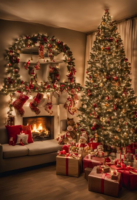 Romantic Christmas Decorations, Cute Christmas Living Room, Christmas Tree Decoration Aesthetic, Christmas Tree With Presents Aesthetic, Xmas Vibes Aesthetic, Decorating For Christmas Aesthetic, Christmas Warm Aesthetic, Fancy Christmas Aesthetic, Christmas Classic Decor