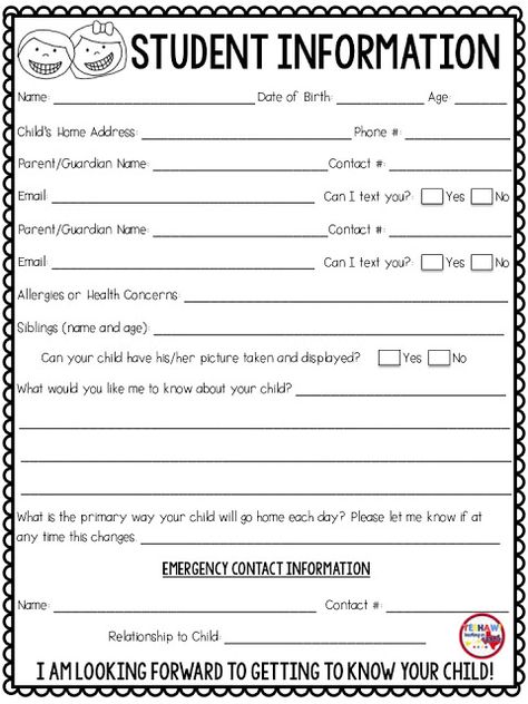 Student Information Form Freebie                                                                                                                                                     More Student Info Sheet, Daycare Printables, Student Information Form, Student Information Sheet, Home Day Care, Starting A Daycare, Daycare Forms, School Forms, Student Info