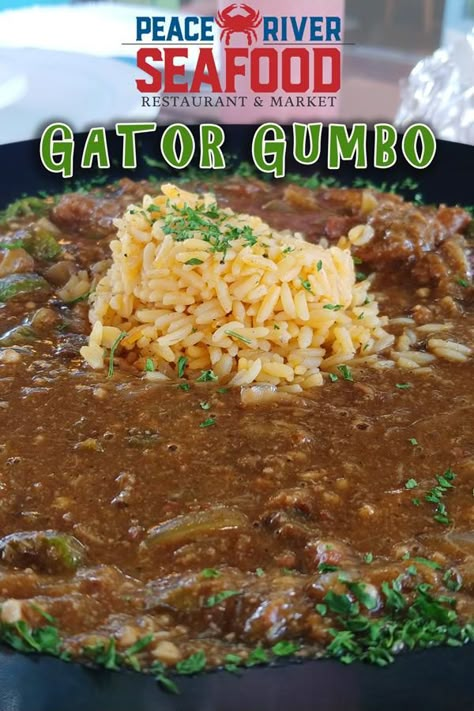 Here's the famous gator gumbo recipe from Peace River Seafood in Punta Gorda, Florida. Cajun Alligator Recipes, Gator Recipes Dinners, Alligator Recipes Louisiana, Gator Meat Recipes, Alligator Gumbo Recipe, Gator Gumbo Recipe, Alligator Fillet Recipe, Gator Recipes, Alligator Recipes