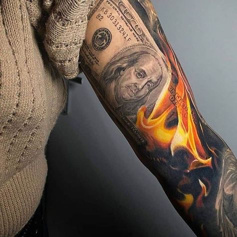 Fire Tattoo Sleeve Money Ink Dollar Tattoo, Neon Tattoo, Dragons Tattoo, Bright Tattoos, Gangsta Tattoos, Saved Tattoo, Small Forearm Tattoos, Money Tattoo, Chicano Style Tattoo