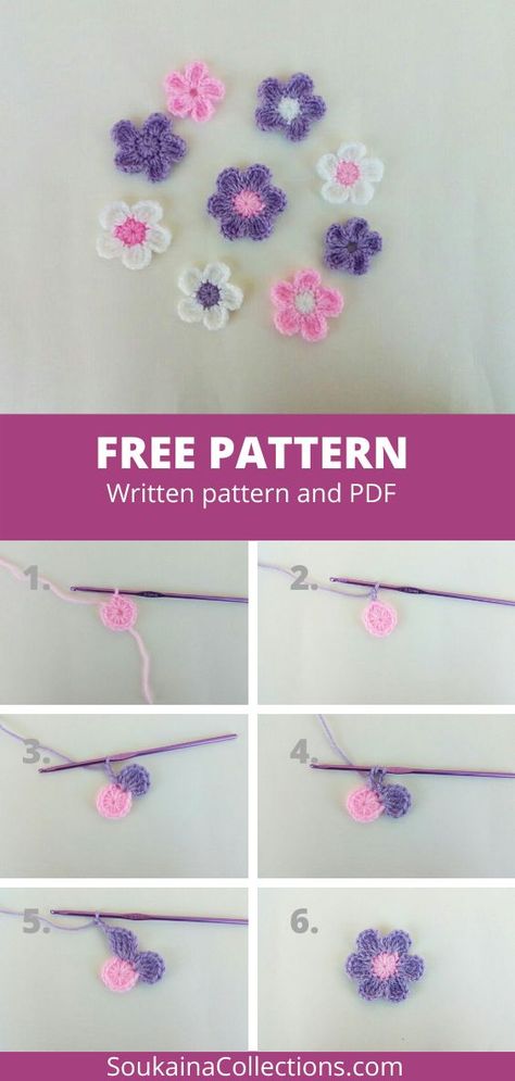 Free Small Crochet Flowers, Crochet Flower Simple Pattern, Simple Flower Crochet Pattern Free, Crochet Patterns Flowers Easy, Free Flower Crochet Pattern Simple, Small Crocheted Flowers Free Pattern, Crochet Flower For Beginners, Miniature Crochet Flowers, Simple Crochet Flower Pattern