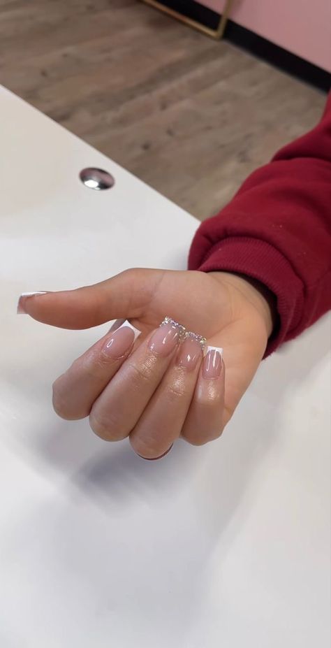 Rhinestone French Tip Nails, Pink Tip Nails, White Acrylic Nails, French Tip Acrylic Nails, Girly Acrylic Nails, Simple Acrylic Nails, French Acrylic Nails, Glow Nails, Short Square Acrylic Nails