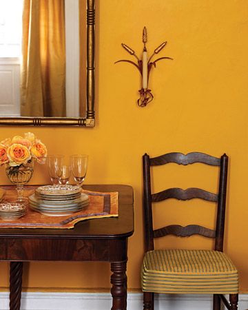 DR:MS  Marigold  Utilizing a lone color scheme can be tricky; to avoid overpowering a room, seek out a color that is lively but not too bold, like this rich marigold. Overlays Web, Hand Wreath, Pumpkin Painting Ideas Fall, Tea Evening, Yellow Walls Living Room, Painting Ideas Fall, Yellow Dining Room, Drawn Icons, Dining Room Paint