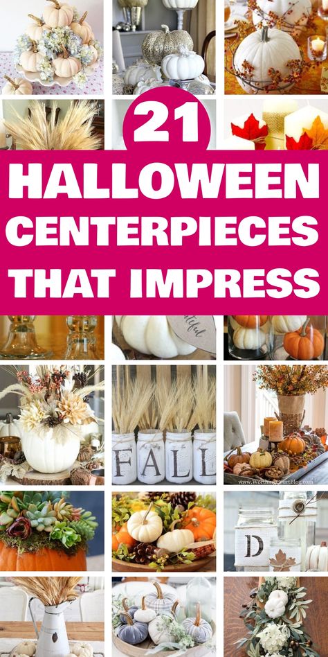 21 Halloween centerpieces featuring pumpkins, flowers, and seasonal decor. Centerpieces For Halloween Party, Halloween Pumpkin Centerpieces, Halloween Table Decor Ideas, Easy Halloween Centerpieces, Coffee Table Halloween Decor Ideas, Halloween Centerpiece Ideas Table, Diy Halloween Centerpieces, Pumpkin Centerpieces Diy, Halloween Centerpiece Ideas