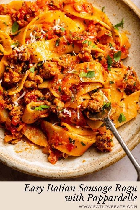 Pappardelle With Italian Sausage, Sausage Ragu Pasta, Pappardelle Pasta Dishes, Pappardelle With Sausage, Italian Sausage Ragu, Sausage Ragu Recipes, Pappardelle Recipes Sausage, Tagatellie Pasta Recipes, Papadeli Pasta Recipes