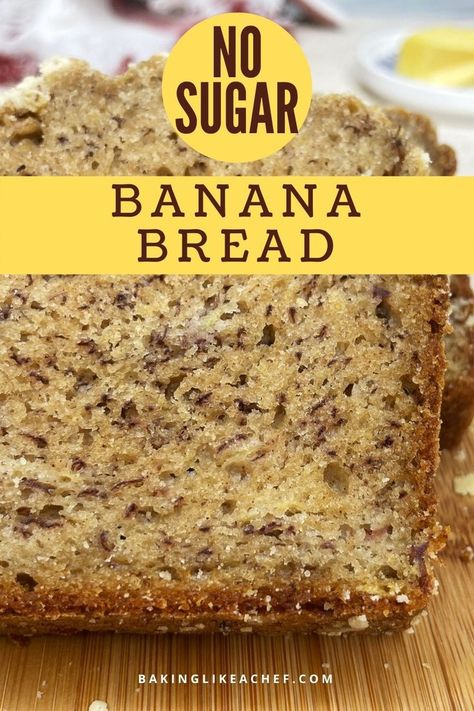 Sliced no-sugar-added banana bread on a wooden board No Yeast Banana Bread, Banana Bread Stevia, Banana Recipes For Diabetics, Stevia Banana Bread, Sugarless Bread Recipe, Naturally Sweetened Banana Bread, Low Cal Banana Bread 100 Calories, Bariatric Banana Bread, Healthiest Banana Bread