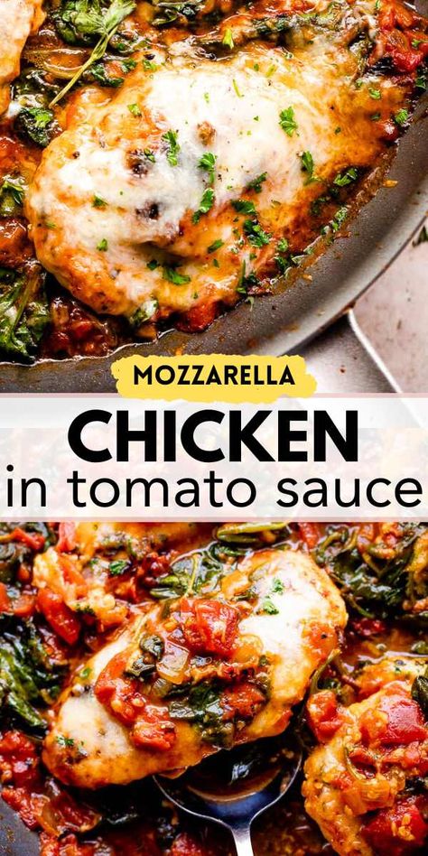 Quick and easy mozzarella chicken in tomato sauce, all prepared in just one pan. A satisfyingly cheesy chicken dinner recipe with sweet and bubbly sauce and incredible flavor! #chickendinner Recipe Critic Recipes Chicken, Cheesy Chicken Dinner, Chicken In Tomato Sauce, Chicken Dinner Recipe, Mozzarella Chicken, Easy Chicken Dinner Recipes, Creamy Tomato Sauce, Cheesy Chicken, Chicken Dishes Recipes