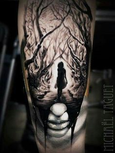 Creepy woods tattoo. Tatuaje Trash Polka, Wood Tattoo, Arte Occulta, Kunst Tattoos, Sick Tattoo, Forest Tattoos, Scary Tattoos, Geniale Tattoos, Halloween Tattoo