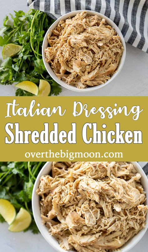 A flavorful Italian Dressing Chicken recipe, combining tender chicken breasts with zesty Italian dressing, garlic, dry ranch seasoning, chili powder, and cumin. A savory dish that promises to be a hit at every meal! The perfect shredded chicken for tacos, enchiladas, salads, quesadillas, soups and more! From overthebigmoon.com #shreddedchicken #italiandressingchicken #italianchicken #ranchseasoningchicken #caferiochicken Shredded Italian Chicken Crockpot, Chicken Italian Dressing Crockpot, Crockpot Chicken With Italian Dressing, Italian Dressing Chicken Crock Pot, Zesty Italian Chicken Crockpot, Crockpot Chicken Italian Dressing, Shredded Chicken For Tacos, Cafe Rio Chicken, Zesty Italian Chicken