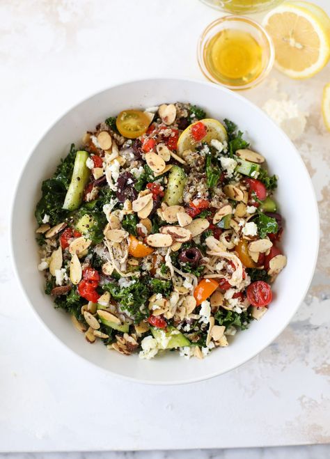 MEDITERRANEAN KALE QUINOA SALAD WITH CHICKEN. Quinoa Chicken Salad, Greek Salad With Chicken, Chicken Quinoa Recipes, Kale And Quinoa Salad, Kale And Quinoa, Greek Quinoa Salad, Kale Quinoa, Kale Quinoa Salad, Greek Chicken Salad