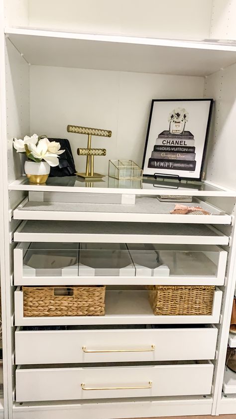 Jewelry Organizer In Closet Walk In, White And Gold Closet Ideas, Ikea Pax Closet Office, Small Glam Closet, Jewelry Area In Closet, Jewelry Station In Closet, White And Gold Dressing Room, Closet Jewelry Drawer, Makeup Closet Ideas