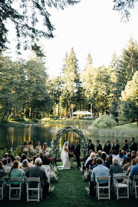 Lakefront ceremony Romantic Forest Wedding, Romantic Forest, Wedding Venues Oregon, Wedding Ceremony Ideas, Enchanted Forest Wedding, Elegant Weddings, Country Weddings, Fall Weddings, Lodge Wedding