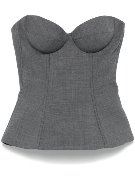 medium grey virgin wool blend mélange effect corset style concealed rear hook and zip fastening bustier-style neckline boned bodice strapless mesh lining flared hem Fanci Club Corset, Grey Corset Top, Fanci Club, Structured Corset, Street Outfits, Boned Bodice, Corset Style Tops, Strapless Corset, Corsets And Bustiers