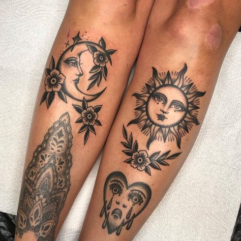 Check more at https://howcandothis.com/womenstyle/46627/ Sun Moon Tattoo Traditional, Tradition Leg Tattoo, Moon Elbow Tattoos For Women, Sun And Moon Hands Tattoo, Traditional Style Sun And Moon Tattoo, Old School Sun And Moon Tattoo, Traditional Style Mandala Tattoo, Masculine Sun Feminine Moon Tattoo, Neotraditional Sun And Moon