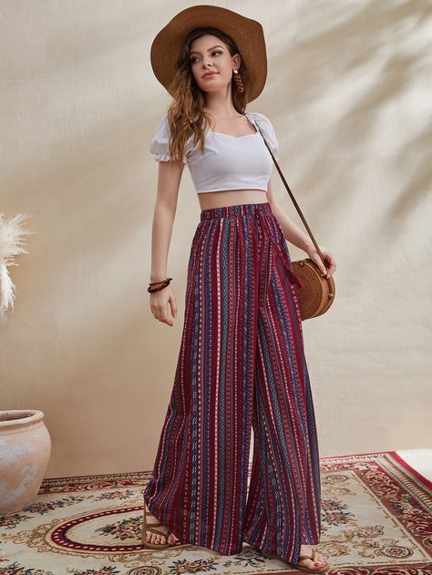 SHEIN Mulvari Mixed Print Tassel Knot Waist Palazzo Pants | SHEIN USA Palazzo Pants Outfit Indian Casual, Printed Palazzo Pants Outfit, Palazzo Pants Outfit Indian, Western Boho Outfits, High Waist Loose Pants, Palazzo Outfit, Palazzo Pants Outfit, Kalamkari Dresses, Pants Elegant