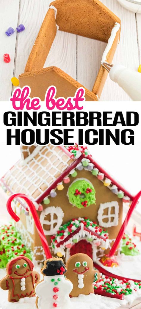 If you want the ultimate gingerbread house this holiday season then you're going to need The Best Gingerbread Icing to build and decorate it! #RealHousemoms #gingerbread #ginerbreadhouse #icing #royalicing #christmas #holidays #candy #kidactivity Gingerbread Frosting Glue, Royal Frosting For Gingerbread Houses, Icing For Gingerbread House Recipe, Gingerbread House Frosting Glue Recipe, Homemade Icing For Gingerbread House, Best Gingerbread House Icing Glue, Gingerbread Icing Recipe Glue, Easy Icing For Gingerbread House, Ginger Bread House Icing Recipe