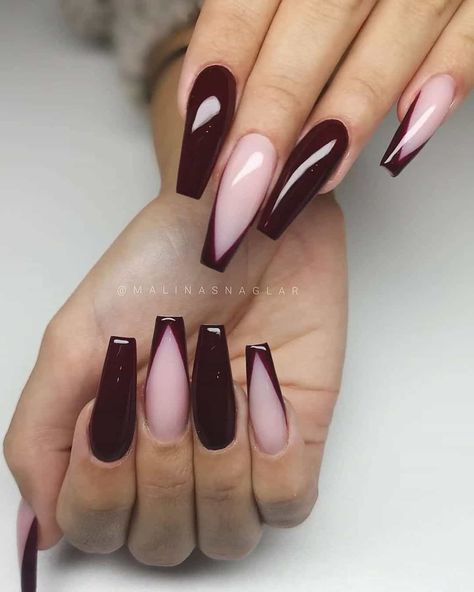 Deep Burgundy Nail Designs Deep Maroon Nails Design, Burgundy And Pink Nails Acrylic, Acrylic Nail Designs Burgundy And Gold, Bergandi Nails, Valentines Day Nails Burgundy, Burgundy Nail Art Designs Classy, Deep Burgundy Nail Designs, Cabernet Nail Designs, Burgundy And White Nails Acrylic