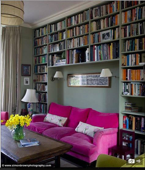 Sofa in niche with bookshelves.  Sconces. Add Chaise to sofa Ideal Lifestyle, Hal Decor, Home Library Design, Home Libraries, Built In Bookcase, Living Room Diy, Home Library, Room Layout, Front Room