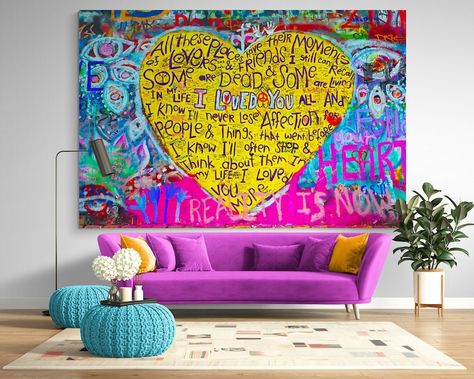 Graffiti Love Heart Colorful Bright Street Pop Art Canvas Print Wall Decor Modern Motivation Extra Large Urban Ready to Hang Painting - Etsy Painting Words On Canvas, Hand Print Wall Art, Street Pop Art, Artwork Living Room, Street Art Style, Pop Art Decor, Whimsical Wall Art, Funky Wall Art, Pop Art Canvas