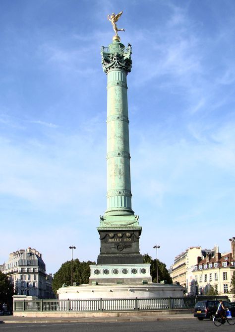 The July Column (French: Colonne de Juillet) is a monumental column in Paris commemorating the Revolution of 1830. It stands in the center of the Place de la Bastille and celebrates the Trois Glorieuses — the 'three glorious' days of 27–29 July 1830 that saw the fall of Charles X, King of France, and the commencement of the July Monarchy of Louis-Philippe, King of the French. It was built between 1835 and 1840. ~ Wikipedia Bastille Wild World, Palais De Tuileries, Top Of Arc De Triomphe, Eiffel Tower History, Paris Tour Eiffel, Paris Tour, Les Invalides Paris, Louis Philippe, The Revolution