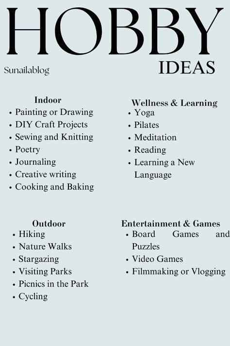 Here are some summer hobby ideas to keep you entertained during the sunny days ahead! Whether you enjoy gardening, painting, or hiking, there's something for everyone to enjoy. Embrace the outdoors and soak up the sun with these fun activities. #SummerHobbies #OutdoorFun #SunshineDays #HobbyIdeas Hobbies To Keep You In Shape, Indoor Hobbies Ideas, Winter Hobby Ideas, Elegant Hobbies, Cheap Hobbies For Women, New Hobby Aesthetic, Feminine Hobbies, Stranded Island, Winter Hobbies