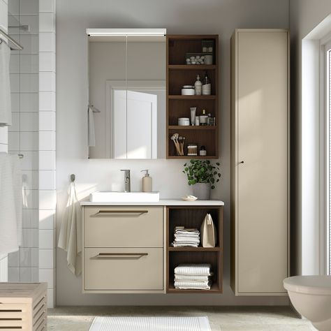 Beige Bathroom Vanity Cabinets, Ikea Bathroom Ideas Small, Little Bathroom, Bathroom Cabinets Designs, Relaxing Bathroom, Bathroom Furniture Storage, Bathroom Retreat, Ikea Bathroom, Drawer Divider