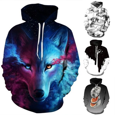 Cool Wolf Print Autumn Winter Fashion Casual Shirts Men Women Couple Hoodie Tops Long Sleeves Hooded Front Pocket Sweatshirts Pullovers Galaxy Wolf, Ärmelloser Pullover, Wolf Hoodie, Shirt Casual Style, Couples Sweatshirts, Space Galaxy, Couples Hoodies, Winter Hoodies, Hooded Pullover