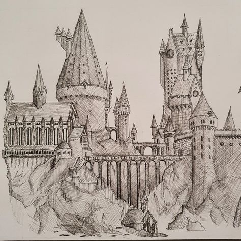 Ink pen hogwarts drawing Sketch Ideas Harry Potter, How To Draw Hogwarts Castle, Hogwarts Sketch Easy, Harry Potter Castle Painting, Chamber Of Secrets Drawing, Hogwarts Sketch Castle, Hogwarts Drawings, Harry Potter Drawings Sketches, Hogwarts Sketch