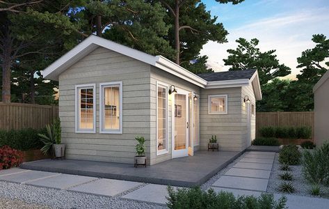 350 sq. ft. L-Shaped ADU in Redwood City | Cottage Tiny Granny Flat, L Shaped Cottage Plans, L Shaped Addition Exterior, Backyard Studio Plans, Small Backyard Adu, Backyard Granny Flat, Adu Designs Cottage, Adu Attached To House, L Shaped Adu Plans