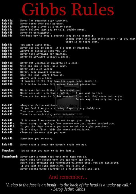 NCIS - Gibbs Rules 2 by Unnatural-Freak on DeviantArt Gibbs Rules List, Ncis Rules, Ncis Funny, Ncis Abby, Ncis Gibbs Rules, Gibbs Ncis, Gibbs Rules, Leroy Jethro Gibbs, Rules Quotes