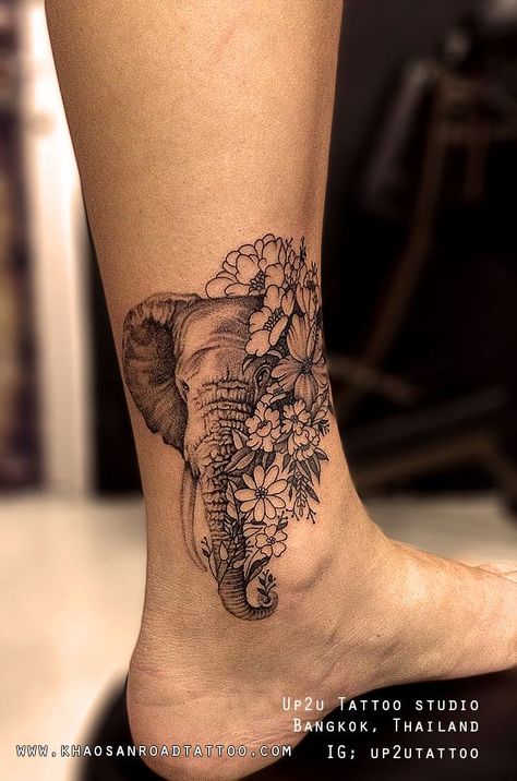 Elephant with flowers Tattoo Elephant With Flowers Tattoo, Best Leg Tattoos For Women, Elephant Foot Tattoo, Tattoo Bein Frau, Elephant With Flowers, Tattoos 2024, Floral Elephant, Elephant Tattoo Design, Hip Tattoos Women