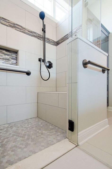 Zero Entry Shower Ideas, Curbless Showers, Shower Benches, Accessible Bathroom Design, Ada Bathroom, Shower Ideas With Bench, Accessible Bathroom, Bathroom Redesign, Aging In Place