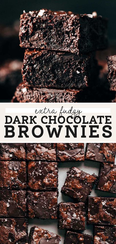 These extra fudgy dark chocolate brownies have a deep and rich flavor that's balanced with a sprinkle of sea salt. The texture is fudgy but tender, and each bite is loaded with dark chocolate. They're simply irresistible! #darkchocolate #brownierecipe #brownies #fudgy #butternutbakery | butternutbakeryblog.com Dark Chocolate Brownies Recipe, Dark Chocolate Brownie, Butternut Bakery, Dark Chocolate Fudge, Dark Chocolate Brownies, Chocolate Fudge Brownies, Chocolate Espresso, Fudgy Brownies, Fudge Brownies