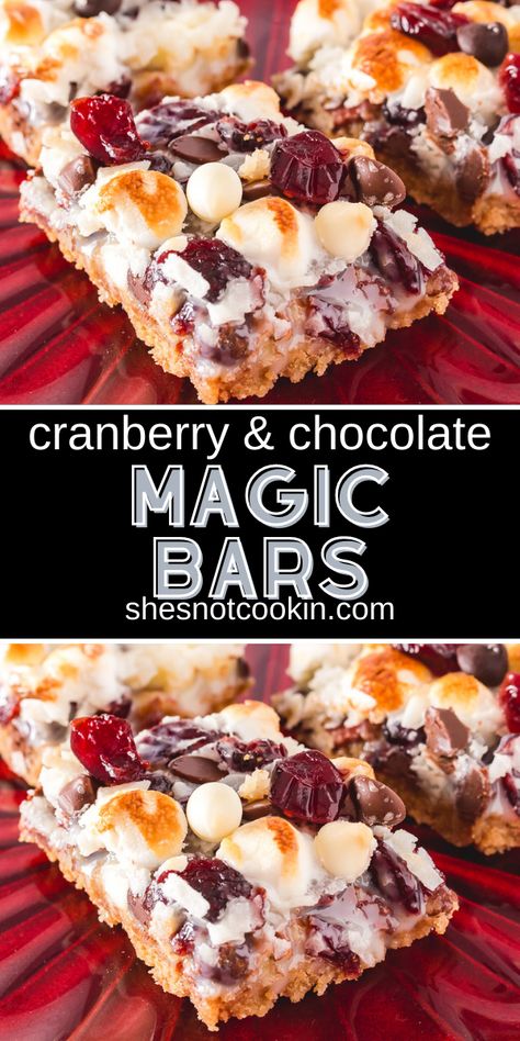 Holiday Bar Recipes, Chocolate Magic Bars, 7 Layer Magic Bars, Holiday Dessert Recipes Easy, Magic Bars Recipe, Magic Cookie Bar Recipe, Cranberry Chocolate, Cranberry Dessert, Easy Holiday Desserts