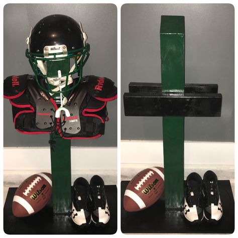 Football Gear Tree Football Gear Organization, Football Pads And Helmet Storage, Football Equipment Storage Ideas, Football Equipment Stand, Football Storage Ideas, Football Gear Storage Ideas, Football Organization Ideas, Football Gear Stand Diy, Football Equipment Storage