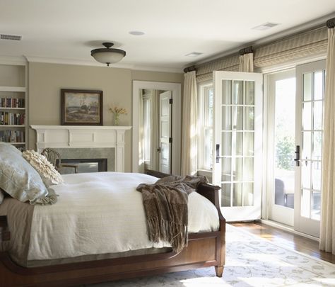 French doors to green roof/deck across from bed in master. Bedroom French Doors, Classy Room, Tan Walls, Dreamy Bedrooms, Trendy Bedroom, Beautiful Bedrooms, Dream Bedroom, Bedroom Colors, My New Room