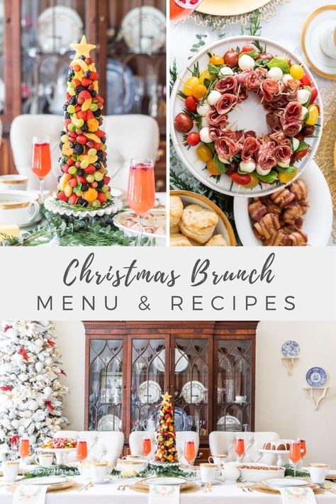 This beautiful Christmas brunch menu includes 10 Christmas brunch recipes that are delicious and some can be made ahead. From sausage and egg casserole, to cinnamon rolls, to a fruit Christmas tree, to a Cranberry Orange Mimosa, save these brunch ideas for later! Christmas Brunch Buffet Menu Ideas, Christmas Brunch Decorating Ideas, Brunch Table Decor Ideas, Christmas Brunch Menu Ideas Families, Christmas Eve Brunch Ideas Families, Christmas Theme Brunch, Ladies Christmas Brunch Ideas, New Year Breakfast Ideas, Christmas Brunch Bar