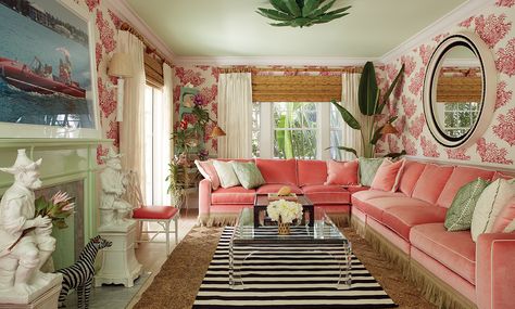 Pink Couches, Palm Beach Regency, Palm Beach Style, White Living, White Living Room, Living Room Makeover, My New Room, Pink Fabric, Decoration Design