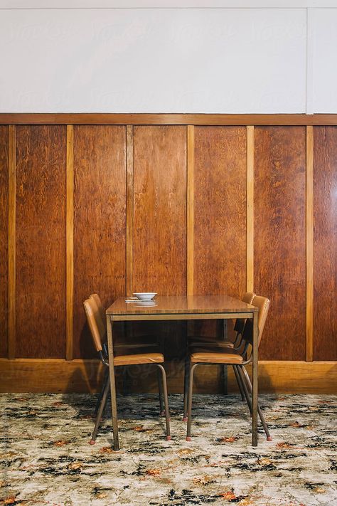 Vintage Wood Paneling, Mid Century Wood Paneling, Room With Desk, Wall Panel Ideas, Wood Paneling Decor, Mid Century Photography, Wooden Paneling, Wood Panneling, Classic Rug