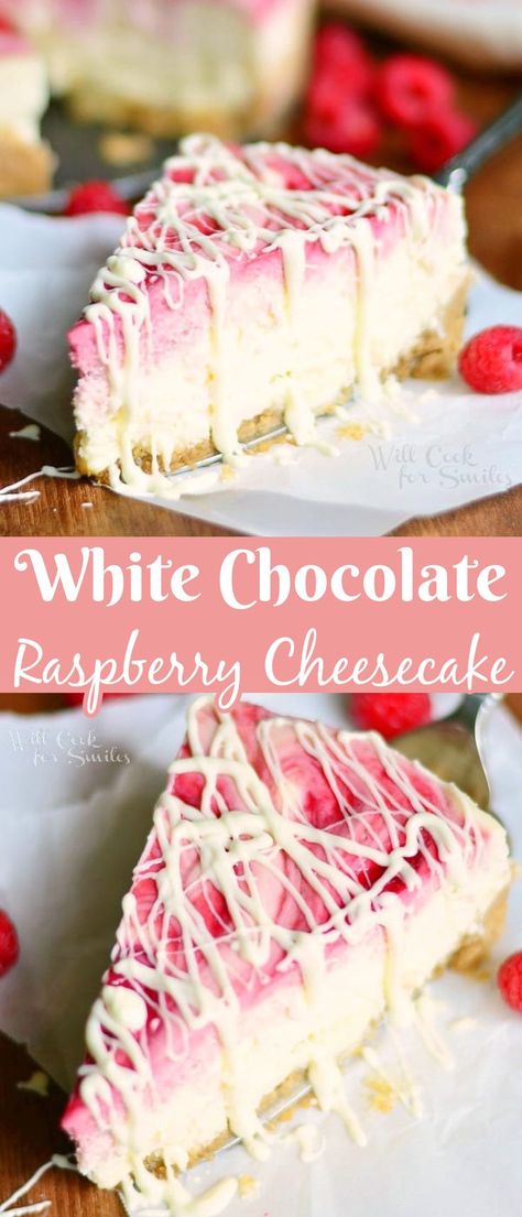 White Chocolate Raspberry Swirl Cheesecake is a soft and smooth cheesecake made with fresh raspberry swirl, layers of white chocolate on the bottom and on top. Copycat Recipes Cheesecake Factory White Chocolate Raspberry, Valentine Cheesecake Recipes, Valentines Day Cheesecake Ideas, White Chocolate Raspberry Desserts, Linger Longer Food Ideas Lds, Scoopable Cheesecake, Valentines Day Cheesecake, Valentine Cheesecake, White Chocolate Raspberry Bundt Cake