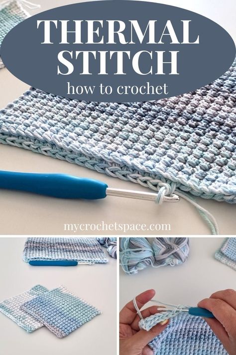 Would you like to know how to crochet the thermal stitch? In this post you can learn everything about the thermal single crochet stitch. You can also watch a video demonstration of this stitch which is very helpful! Using the thermal stich you can make double thick potholders, coasters, even blankets if you like! Single Crochet Thermal Stitch Potholder, Thermal Blanket Crochet, How To Double Up Yarn Crochet, How To Crochet Thermal Stitch, Thermal Stitch Crochet Scarf, Thermal Stitch Crochet Pot Holders Free Pattern, Thermal Stitch Crochet Potholder, Double Crochet Thermal Stitch, Crochet Thermal Stitch Blanket