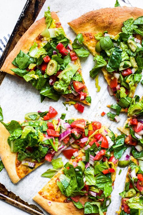 Chopped Salad Pizza — My Diary of Us Salad Pizza Recipes, Easy Flatbread Recipes, Salad Pizza, Lettuce Recipes, Delicious Pizza Recipes, Easy Flatbread, Healthy Pizza Recipes, Pizza Ideas, Pizza Salad