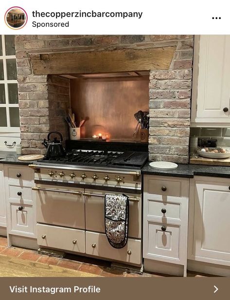 Oven Ideas In Kitchen, Farmhouse Kitchen Cooktop, Victorian Kitchen Fireplace, Stove Cove, Stove Makeover, Brick Mantle, Victorian Kitchen Remodel, Copper Splashback, Rustic Cottage Kitchens