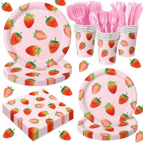 PRICES MAY VARY. Strawberry Birthday Decorations: You will receive 24 dinner paper plates (9 inches), 24 dessert paper plates (7 inches), 24 napkins, 24 paper cups, knives, 24 forks, and 24 spoons. Our strawberry birthday decorations set includes everything you need to host an unforgettable party. Baby in Bloom Design: The background of the strawberry plates is a soft pink color, creating a cheerful and bright canvas. Scattered across the plate are numerous red strawberries with green stems and Strawberry Birthday Party Activities, Berry First Birthday Pinata, Strawberry Birthday Party Decorations, Strawberry Centerpieces, Strawberry Themed 1st Birthday, Strawberry Plates, Girly Baby Shower Themes, Strawberry Themed Birthday Party, Strawberry Party Decorations