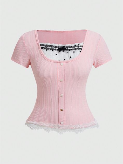 Pink Casual Collar Short Sleeve Polyester Colorblock,Plain  Embellished Slight Stretch  Women Clothing Types Of Button Up Shirts, Pink Cute Tops, Kawaii Plus Size, Patchwork Decor, Coquette Clothing, Pastel Shirt, Coquette Shirt, Womens Summer Shorts, Concept Clothing