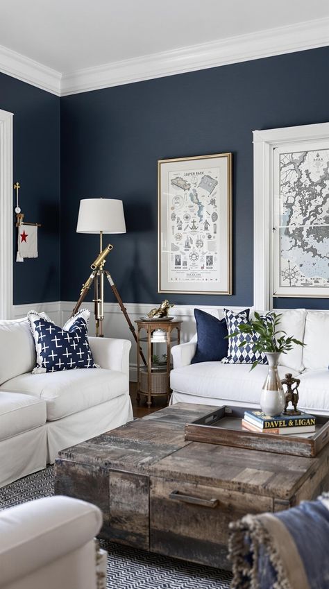 Coastal Living Room Decor Inspiration Dark Coastal Interior Design, Navy Blue White Living Room, Masculine Coastal Office, Masculine Coastal Living Room, Masculine Coastal Decor, Dark Coastal Living Room, Modern Navy Living Room, Neutral And Blue Living Room, Nautical Living Room Ideas