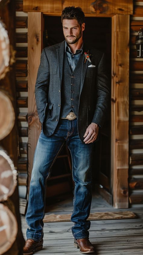 a groom wears jeans and cowboy boots, western outfits Jeans And Button Up Men Outfit Wedding, Mens Sport Coat With Jeans And Boots, Mens Nfr Fashion, Mens Cowboy Wedding Attire, Jeans And Blazer Wedding Men, Western Cocktail Attire For Men, Texas Formal Attire Country Weddings, Mens Engagement Party Outfit, Men’s Business Professional Outfits